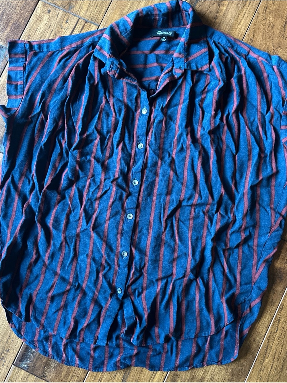 Madewell XS Navy Blue Burgundy Stripe Flowy Roll Sleeve Button Down